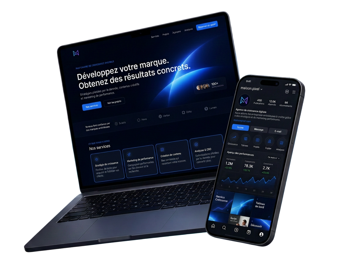 MacBook affichant un site internet premium en français et iPhone présentant un tableau de bord d'analyses marketing, conçus par Maison Pixel