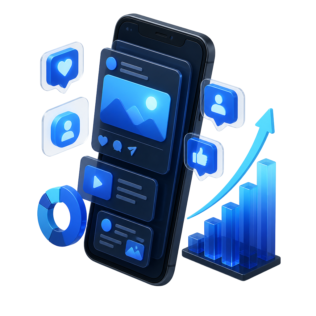 Illustration d'un smartphone avec un fil de réseaux sociaux et une courbe de croissance