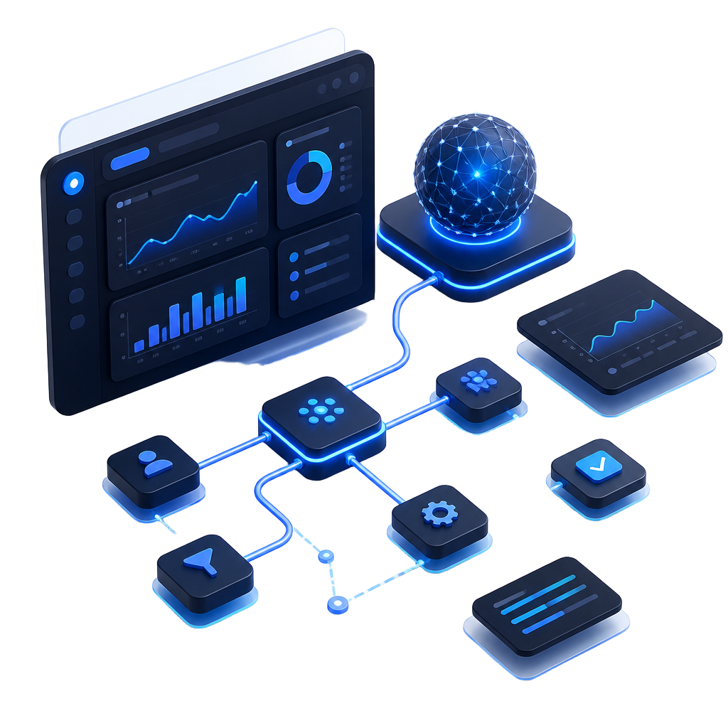 Illustration d'un tableau de bord SaaS avec graphiques et connexions automatisées