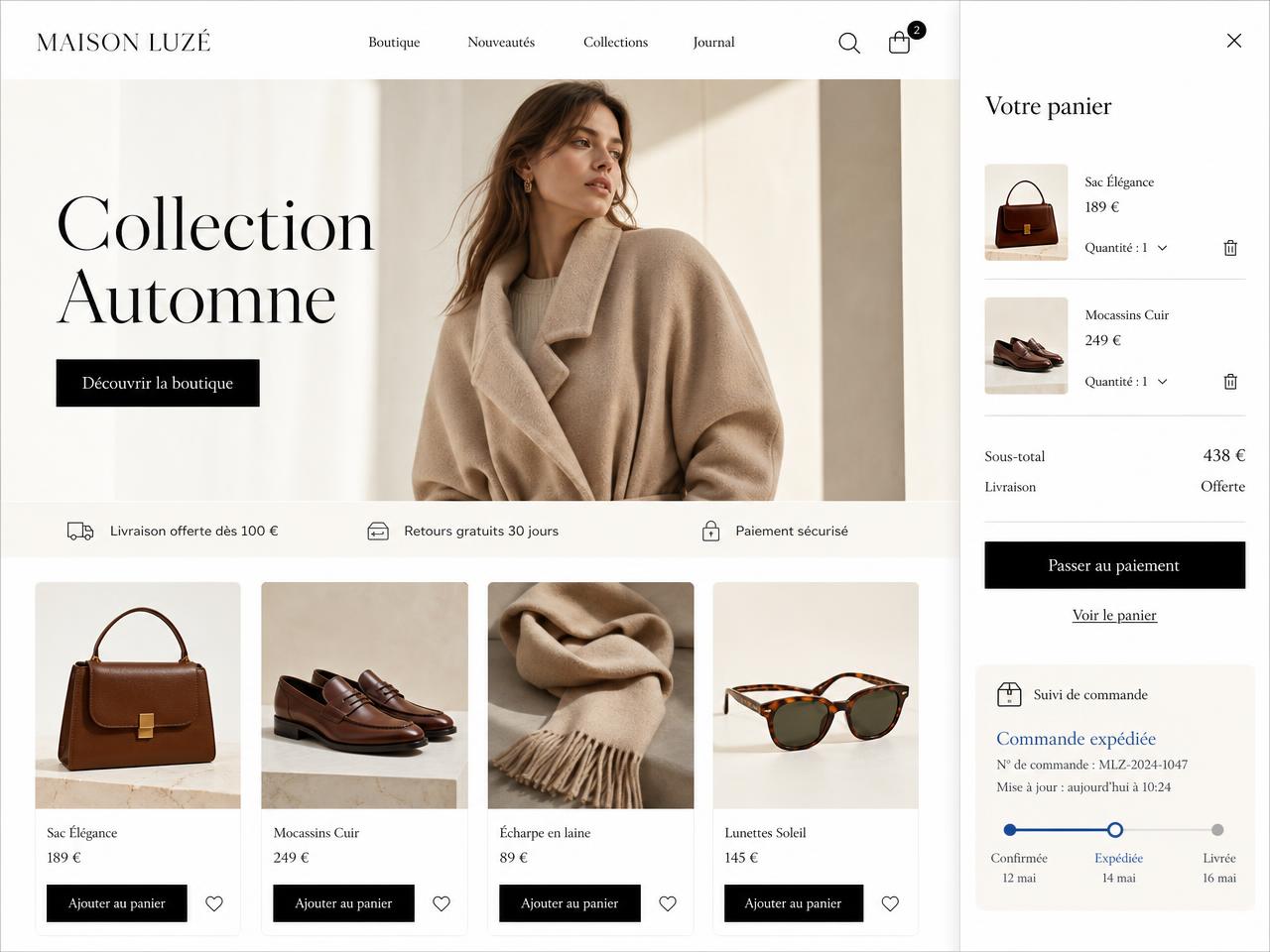 Boutique en ligne haut de gamme en français : photographie éditoriale, grille de produits en euros, panier latéral et suivi de commande